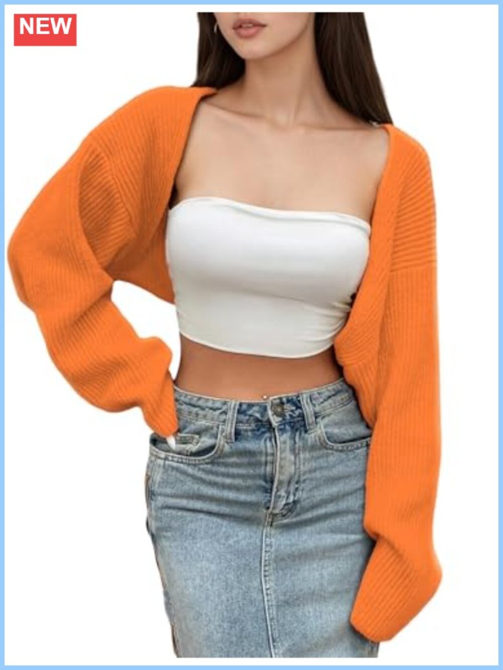Women's Rib Knit Open Front Crop Cardigan Shrug Puff Long Sleeve Bolero